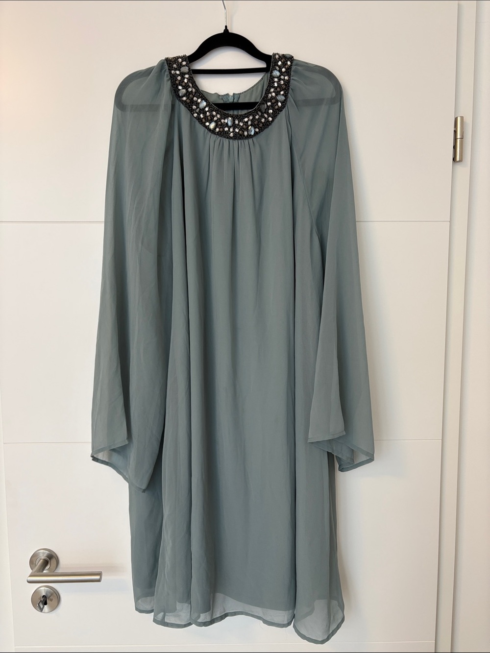 Beaded Neck Spa Blue Long-Sleeve Chiffon Dress Women’s 48/1X